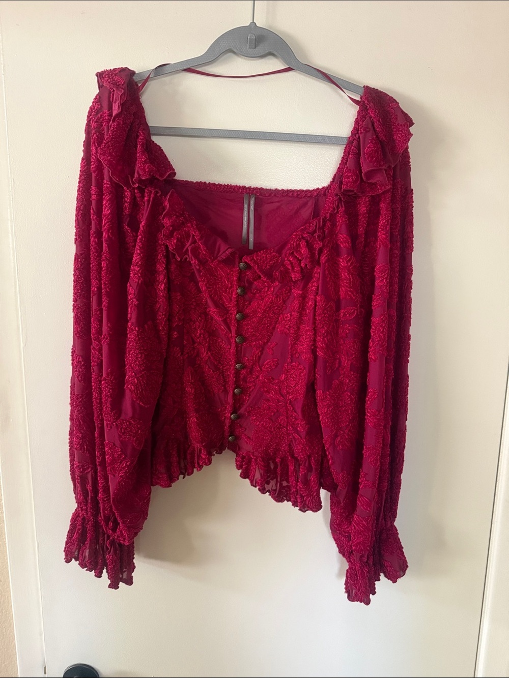 Anthropologie Deep Raspberry Ruffled Button-Front Blouse